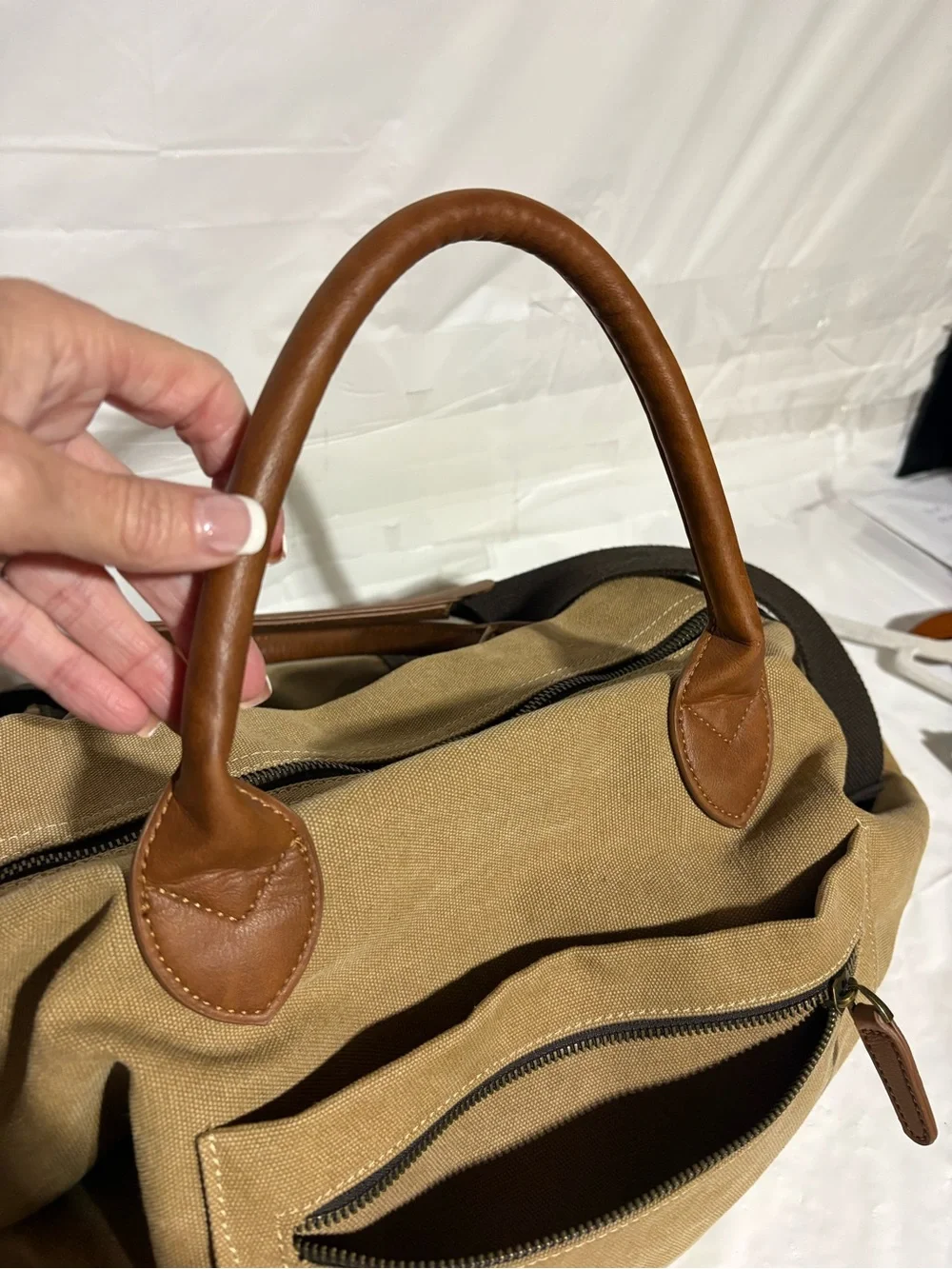 New shows Canvas Duffel Travel Bag in Tan with Brown Trim